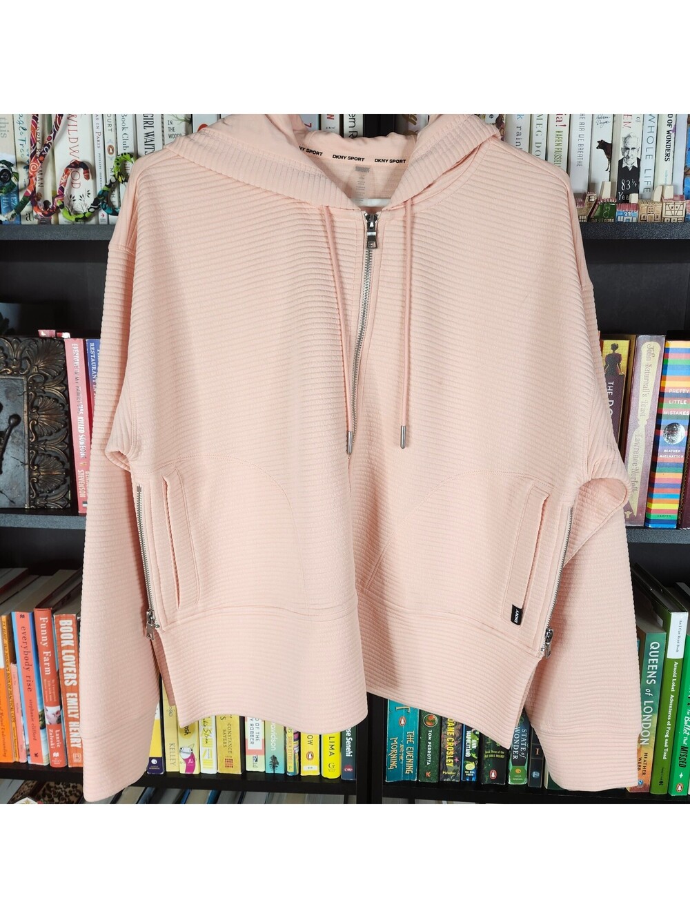 DKNY Sport Blush Pink Ribbed Half Zip Hooded Pullover Jacket Size Large
